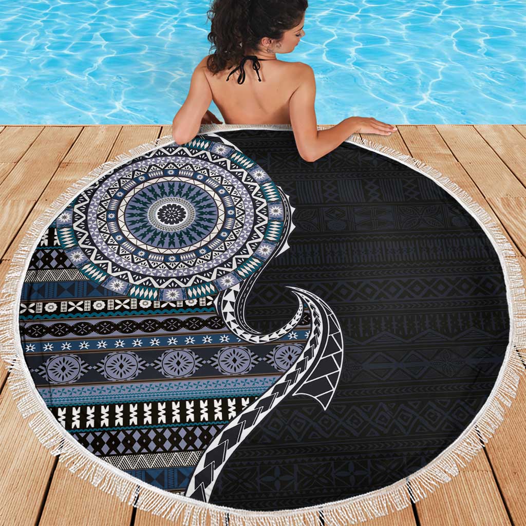 Fijian Masi Tribal Tattoos Art Pattern Beach Blanket Navy Color Half Style - Polynesian Pride