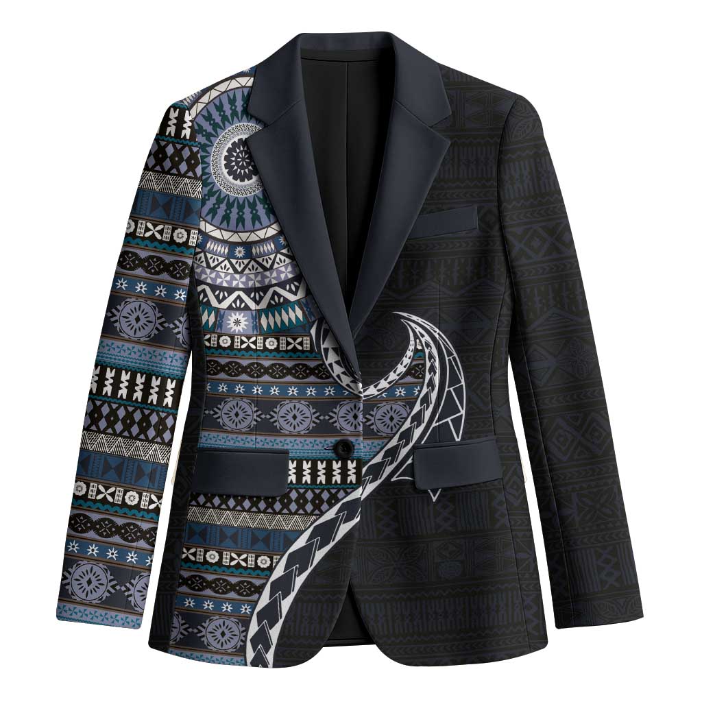 Fijian Masi Tribal Tattoos Art Pattern Blazer Navy Color Half Style - Polynesian Pride