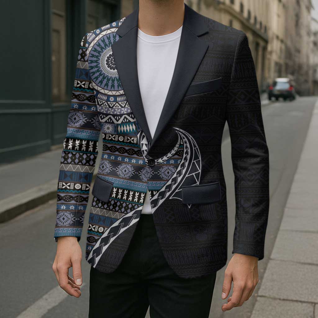 Fijian Masi Tribal Tattoos Art Pattern Blazer Navy Color Half Style - Polynesian Pride