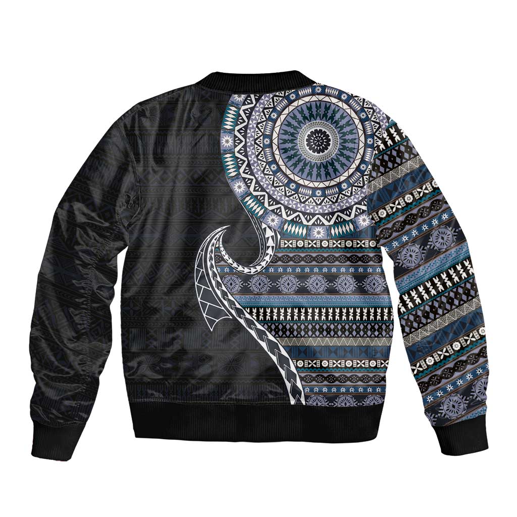 Fijian Masi Tribal Tattoos Art Pattern Bomber Jacket Navy Color Half Style - Polynesian Pride