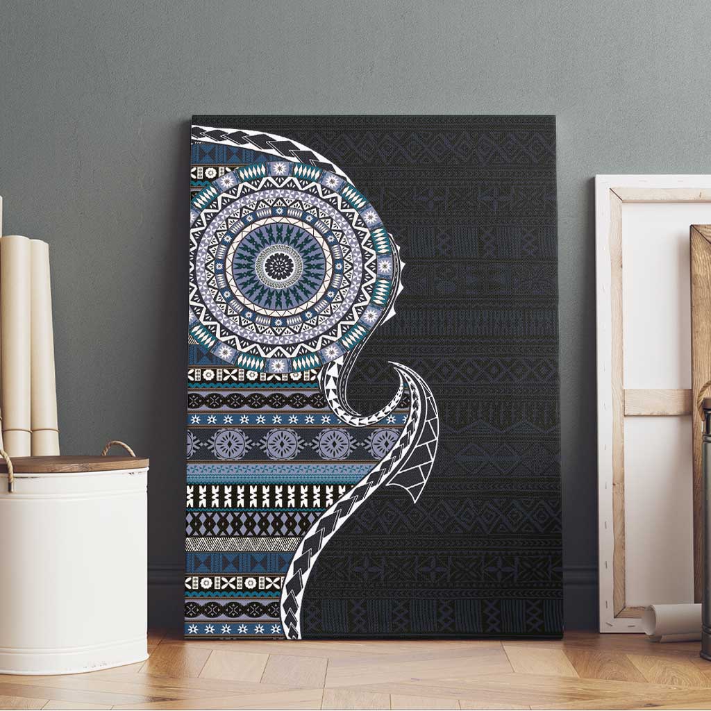 Fijian Masi Tribal Tattoos Art Pattern Canvas Wall Art Navy Color Half Style - Polynesian Pride