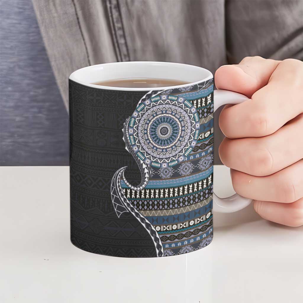 Fijian Masi Tribal Tattoos Art Pattern Ceramic Mug Navy Color Half Style - Polynesian Pride