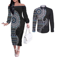 Fijian Masi Tribal Tattoos Art Pattern Couples Matching Off The Shoulder Long Sleeve Dress and Long Sleeve Button Shirt Navy Color Half Style - Polynesian Pride