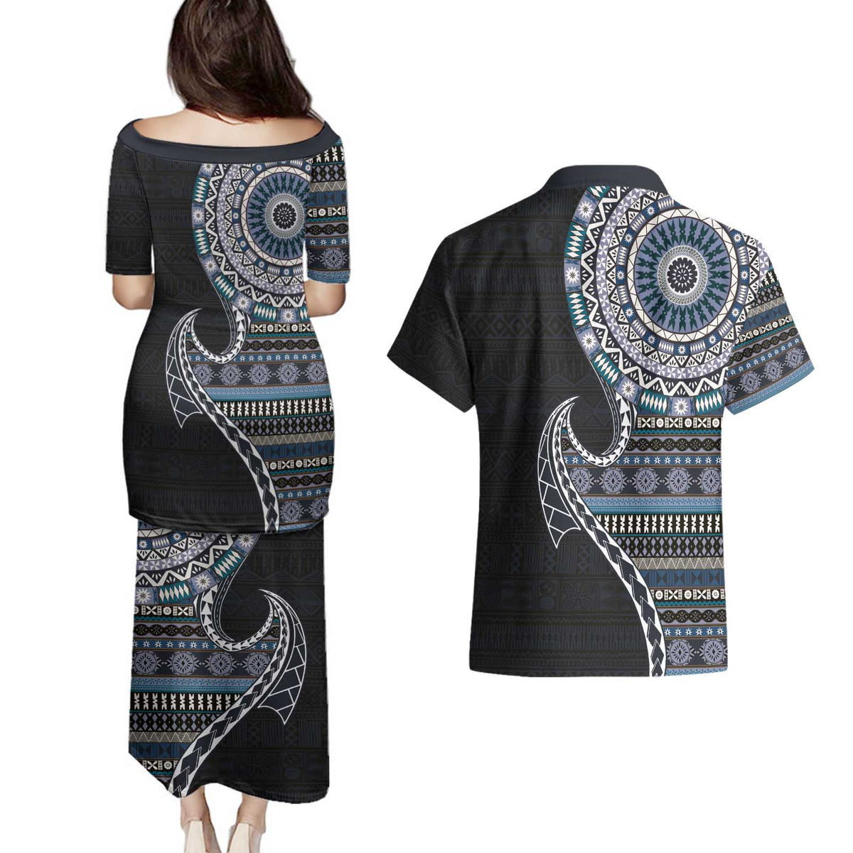 Fijian Masi Tribal Tattoos Art Pattern Couples Matching Puletasi and Hawaiian Shirt Navy Color Half Style - Polynesian Pride