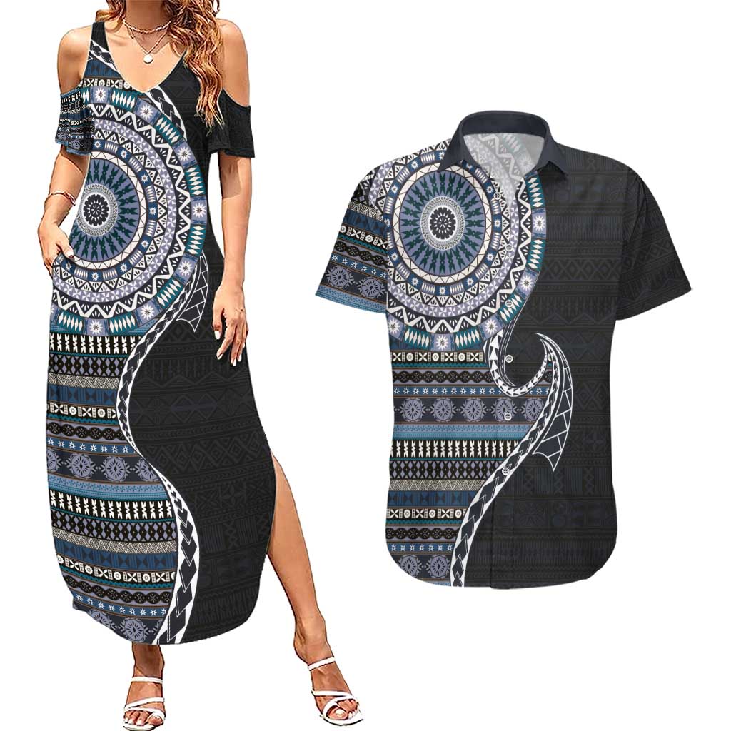 Fijian Masi Tribal Tattoos Art Pattern Couples Matching Summer Maxi Dress and Hawaiian Shirt Navy Color Half Style - Polynesian Pride