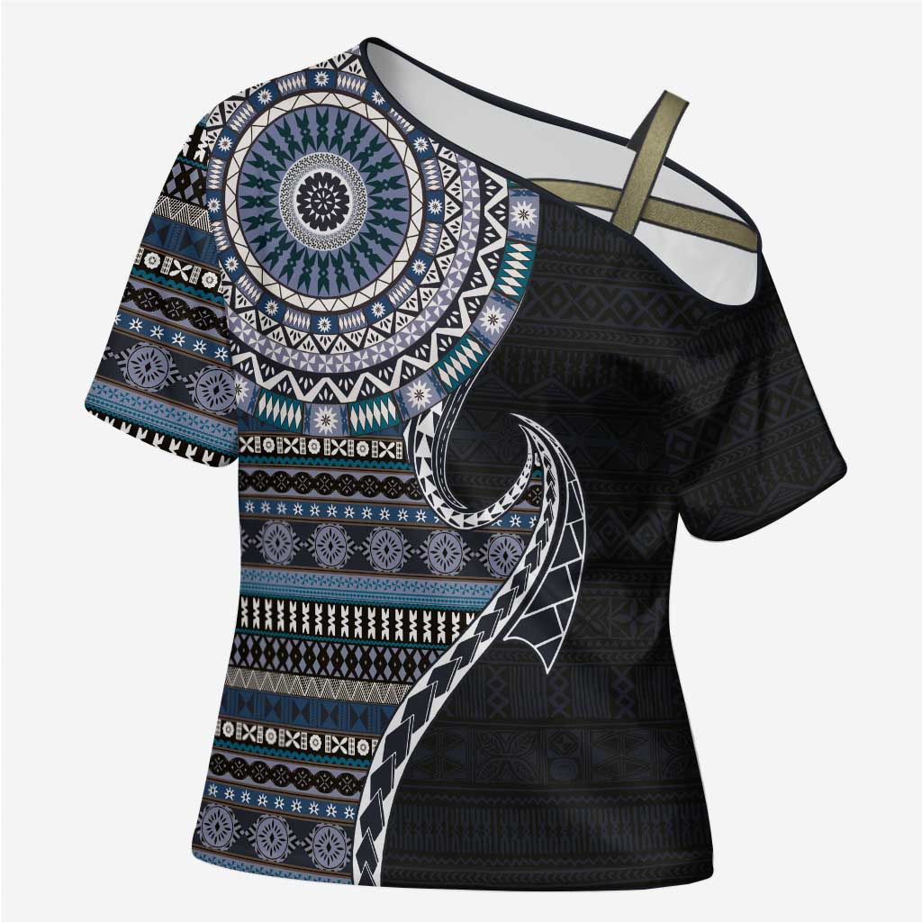 Fijian Masi Tribal Tattoos Art Pattern Cross Shoulder Shirt Navy Color Half Style - Polynesian Pride