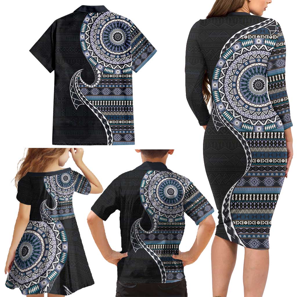 Fijian Masi Tribal Tattoos Art Pattern Family Matching Long Sleeve Bodycon Dress and Hawaiian Shirt Navy Color Half Style - Polynesian Pride