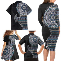 Fijian Masi Tribal Tattoos Art Pattern Family Matching Long Sleeve Bodycon Dress and Hawaiian Shirt Navy Color Half Style - Polynesian Pride