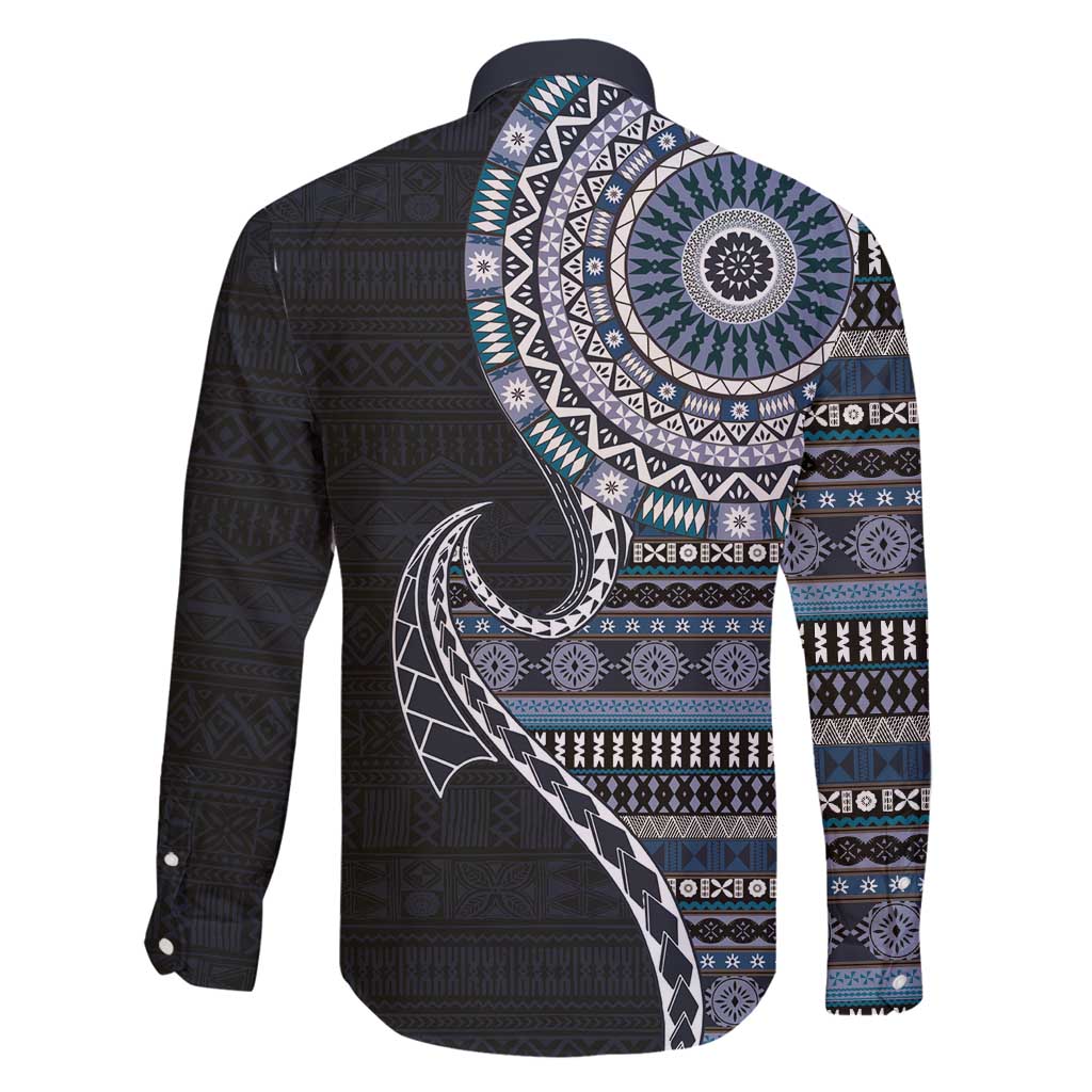 Fijian Masi Tribal Tattoos Art Pattern Family Matching Long Sleeve Bodycon Dress and Hawaiian Shirt Navy Color Half Style - Polynesian Pride