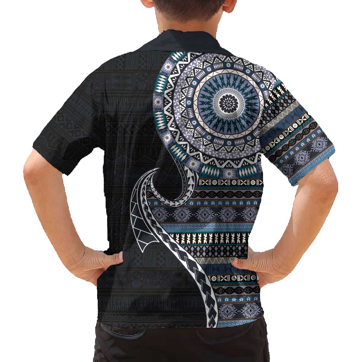 Fijian Masi Tribal Tattoos Art Pattern Family Matching Off The Shoulder Long Sleeve Dress and Hawaiian Shirt Navy Color Half Style - Polynesian Pride