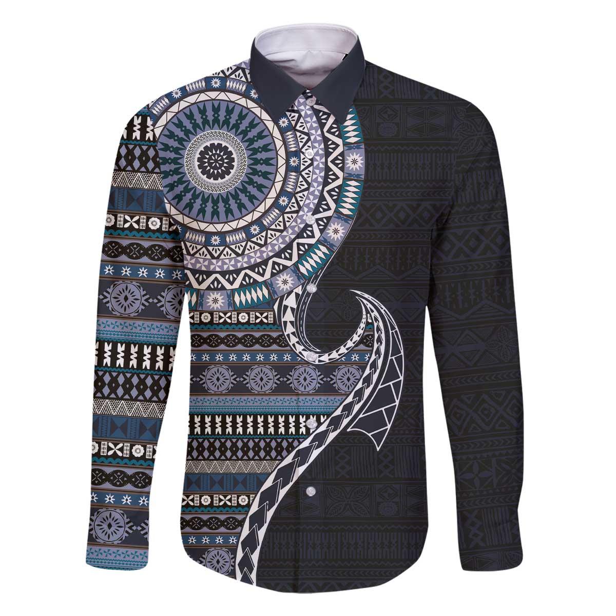 Fijian Masi Tribal Tattoos Art Pattern Family Matching Off The Shoulder Long Sleeve Dress and Hawaiian Shirt Navy Color Half Style - Polynesian Pride