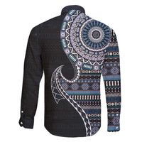 Fijian Masi Tribal Tattoos Art Pattern Family Matching Off The Shoulder Long Sleeve Dress and Hawaiian Shirt Navy Color Half Style - Polynesian Pride