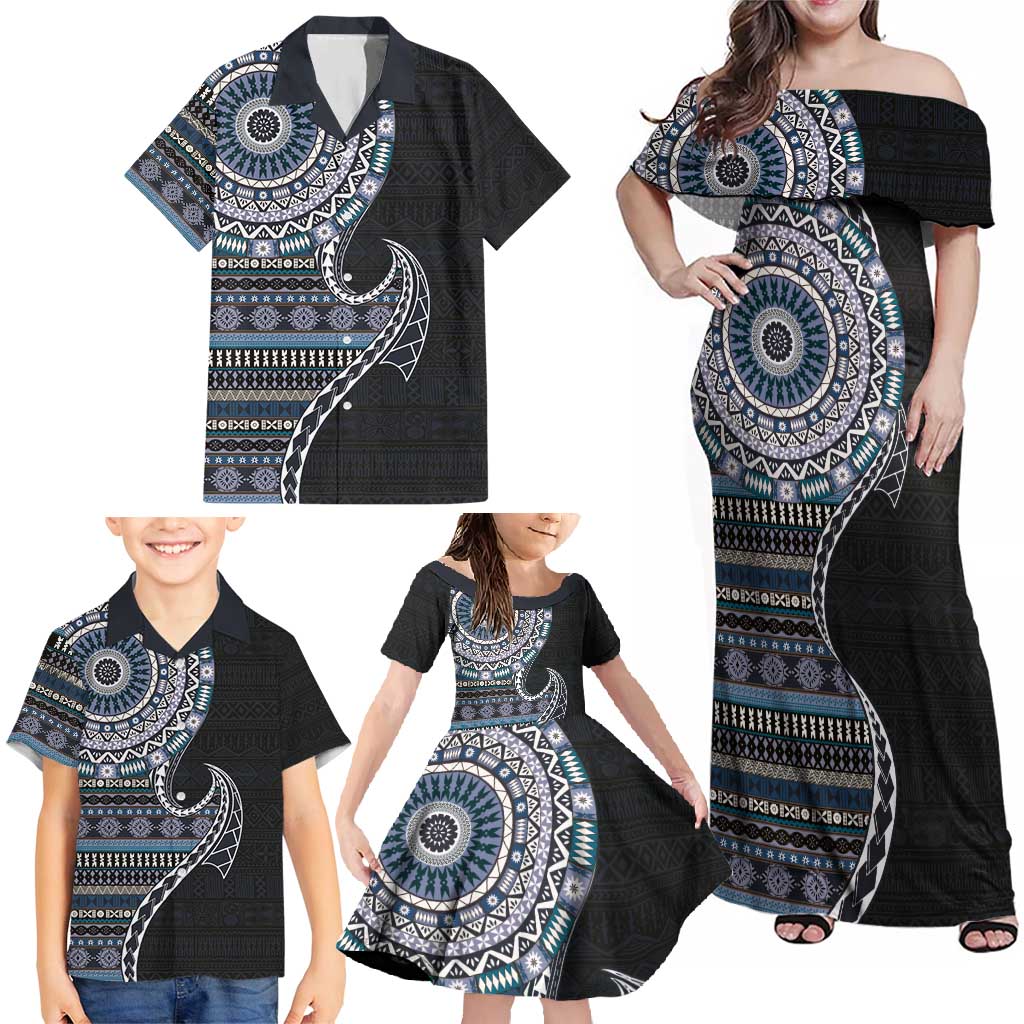Fijian Masi Tribal Tattoos Art Pattern Family Matching Off Shoulder Maxi Dress and Hawaiian Shirt Navy Color Half Style - Polynesian Pride