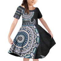 Fijian Masi Tribal Tattoos Art Pattern Family Matching Off Shoulder Short Dress and Hawaiian Shirt Navy Color Half Style - Polynesian Pride