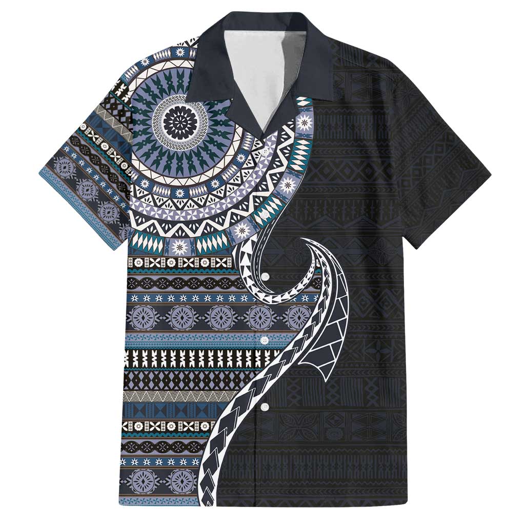 Fijian Masi Tribal Tattoos Art Pattern Family Matching Off Shoulder Short Dress and Hawaiian Shirt Navy Color Half Style - Polynesian Pride