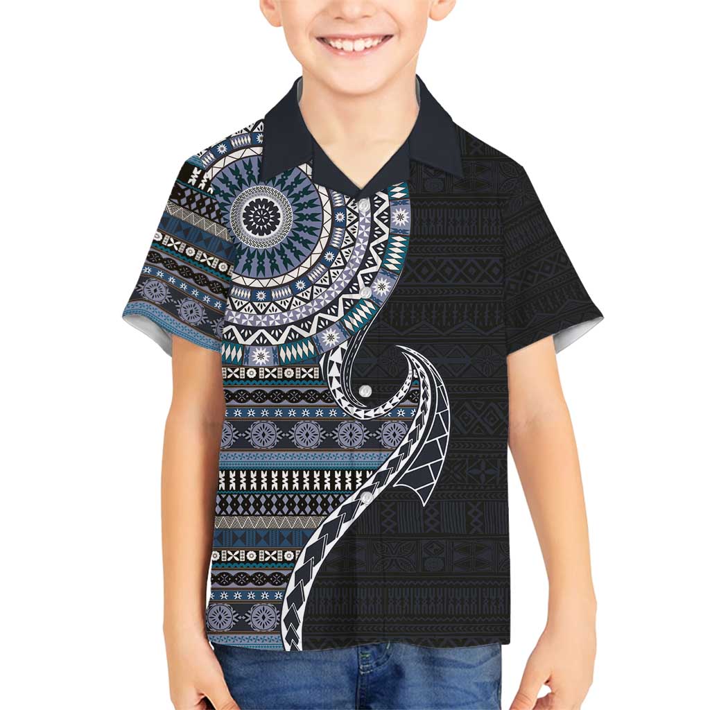 Fijian Masi Tribal Tattoos Art Pattern Family Matching Off Shoulder Short Dress and Hawaiian Shirt Navy Color Half Style - Polynesian Pride