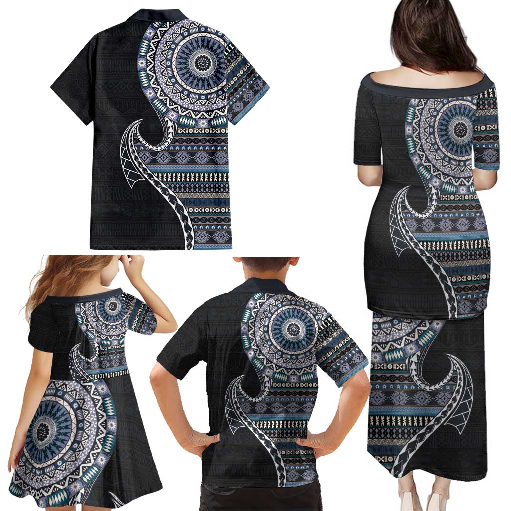 Fijian Masi Tribal Tattoos Art Pattern Family Matching Puletasi and Hawaiian Shirt Navy Color Half Style - Polynesian Pride