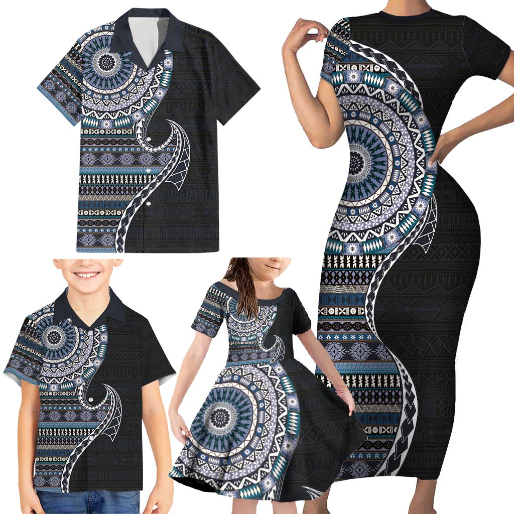 Fijian Masi Tribal Tattoos Art Pattern Family Matching Short Sleeve Bodycon Dress and Hawaiian Shirt Navy Color Half Style - Polynesian Pride