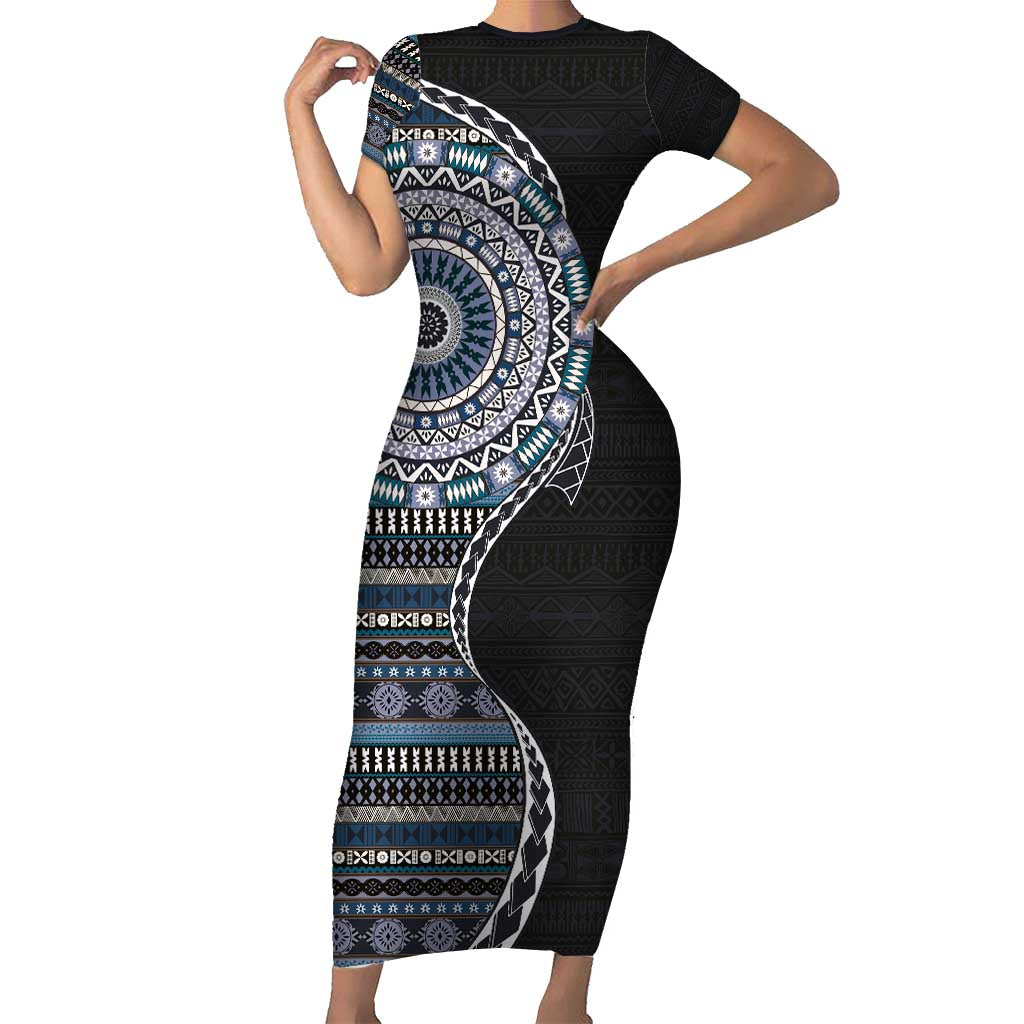 Fijian Masi Tribal Tattoos Art Pattern Family Matching Short Sleeve Bodycon Dress and Hawaiian Shirt Navy Color Half Style - Polynesian Pride