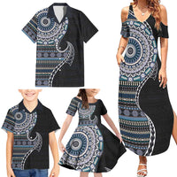 Fijian Masi Tribal Tattoos Art Pattern Family Matching Summer Maxi Dress and Hawaiian Shirt Navy Color Half Style - Polynesian Pride
