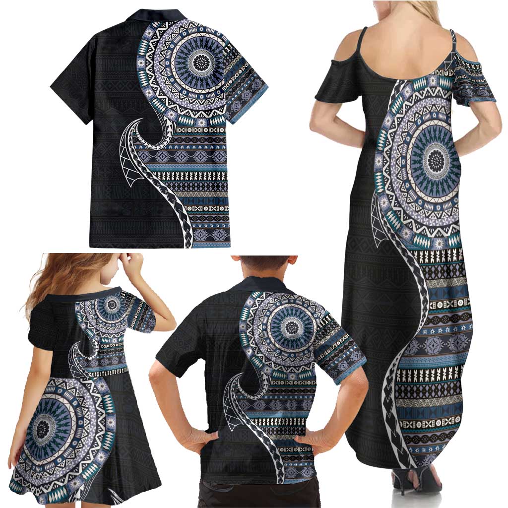 Fijian Masi Tribal Tattoos Art Pattern Family Matching Summer Maxi Dress and Hawaiian Shirt Navy Color Half Style - Polynesian Pride