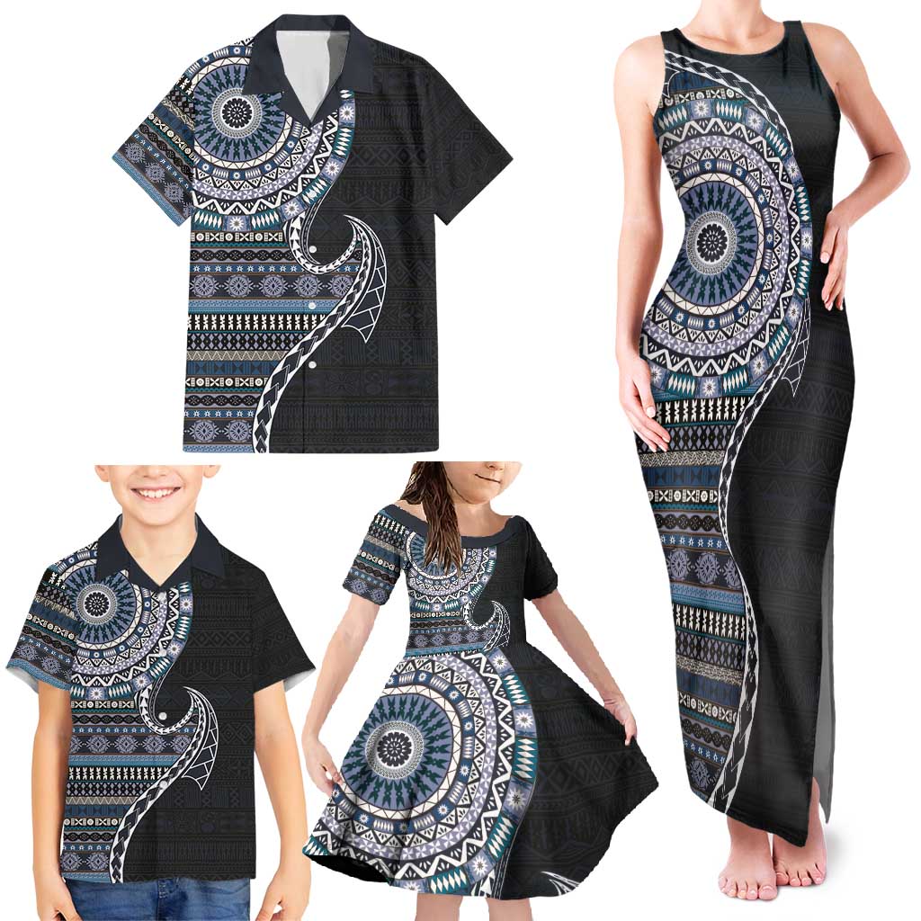 Fijian Masi Tribal Tattoos Art Pattern Family Matching Tank Maxi Dress and Hawaiian Shirt Navy Color Half Style - Polynesian Pride