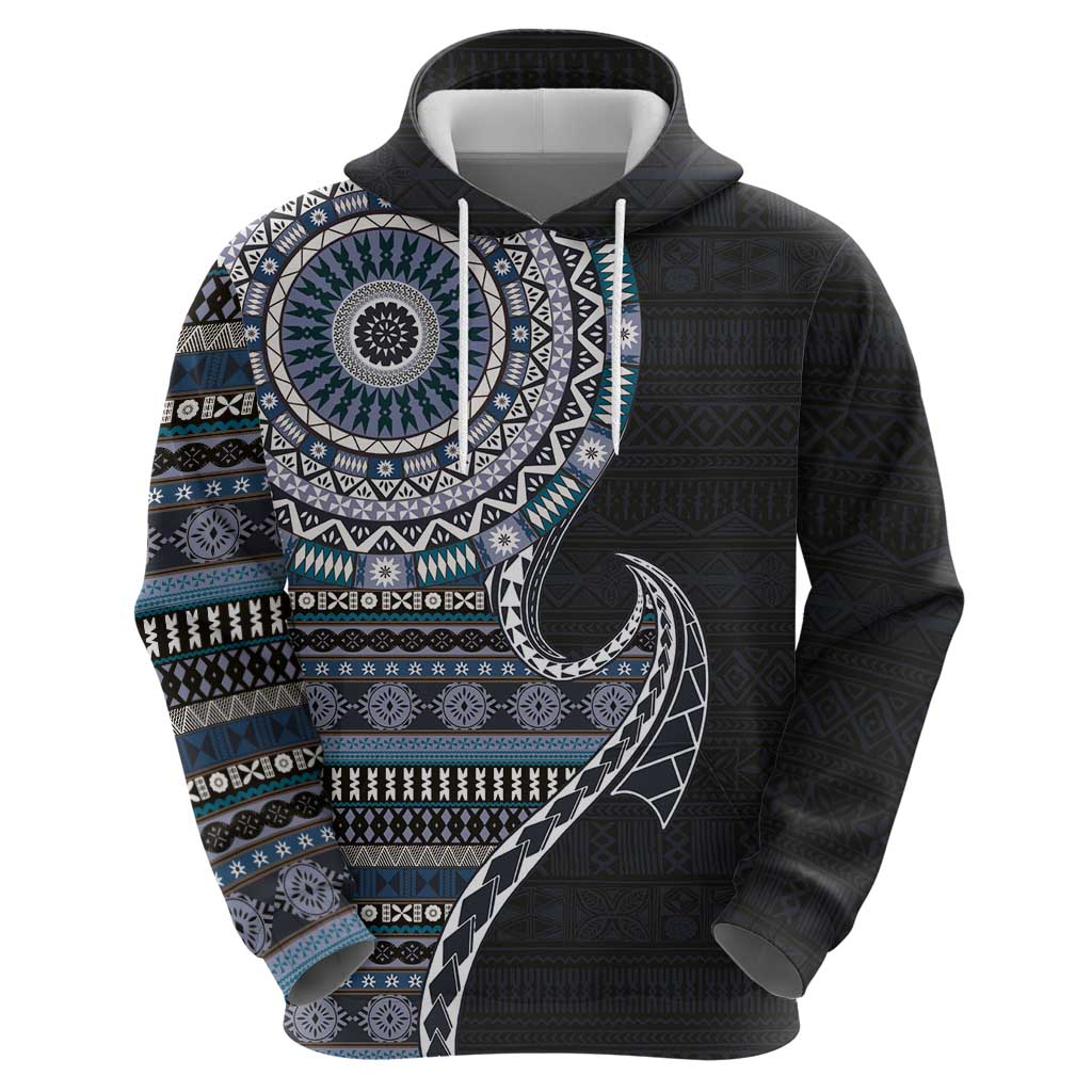 Fijian Masi Tribal Tattoos Art Pattern Hoodie Navy Color Half Style - Polynesian Pride