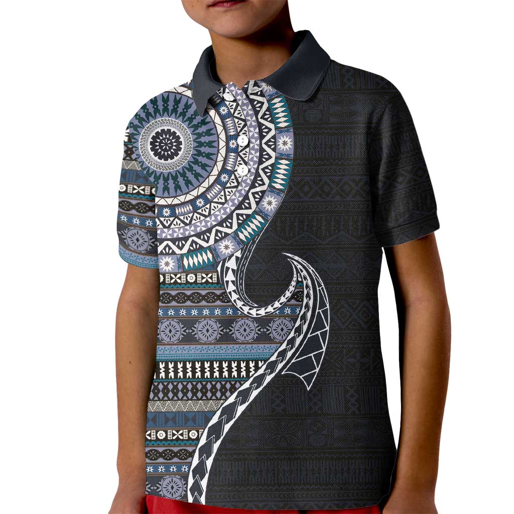 Fijian Masi Tribal Tattoos Art Pattern Kid Polo Shirt Navy Color Half Style - Polynesian Pride