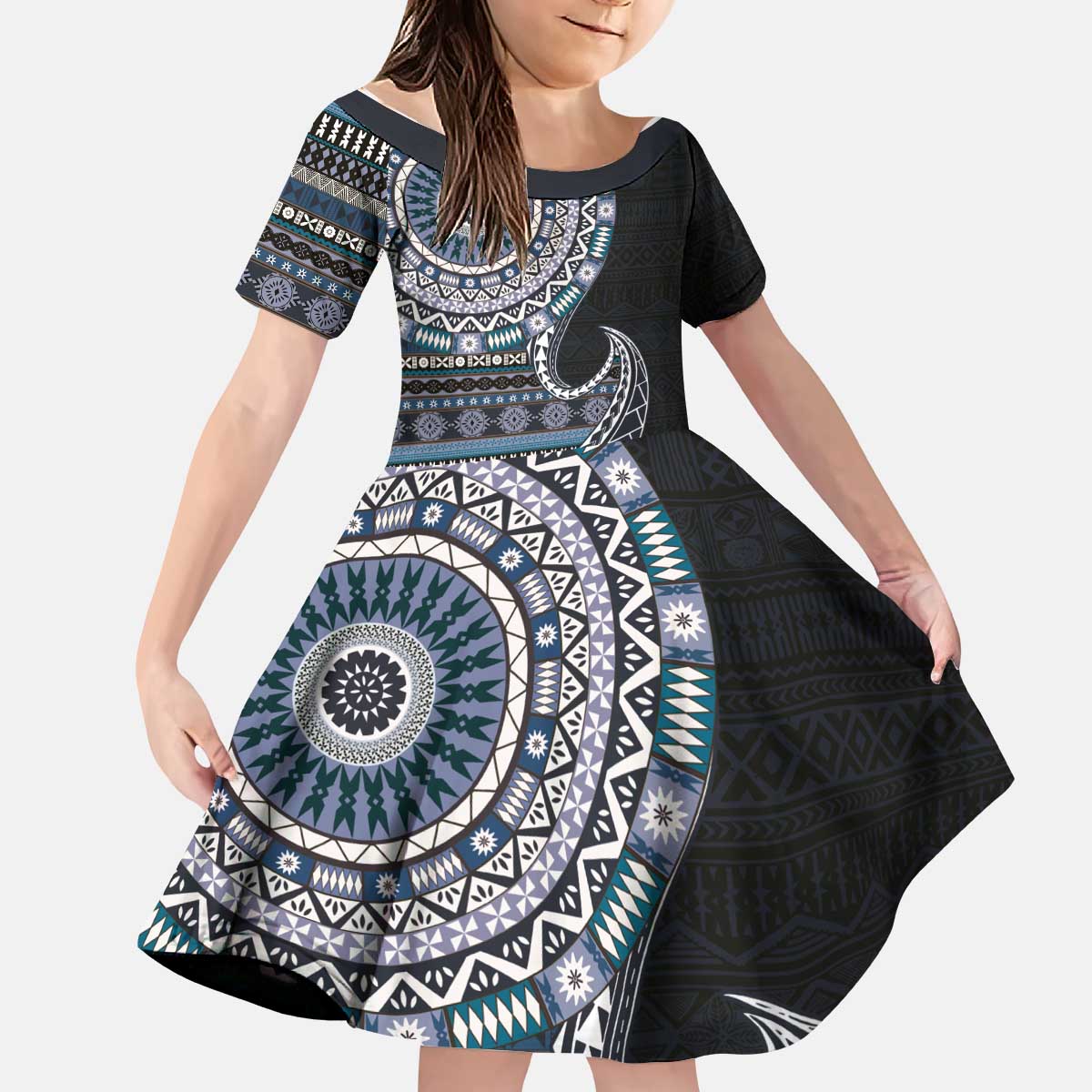 Fijian Masi Tribal Tattoos Art Pattern Kid Short Sleeve Dress Navy Color Half Style - Polynesian Pride