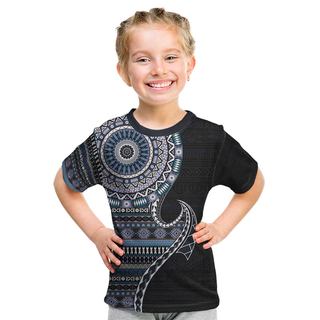 Fijian Masi Tribal Tattoos Art Pattern Kid T Shirt Navy Color Half Style - Polynesian Pride