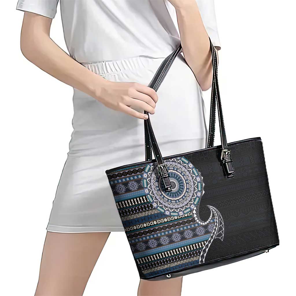 Fijian Masi Tribal Tattoos Art Pattern Leather Tote Bag Navy Color Half Style - Polynesian Pride