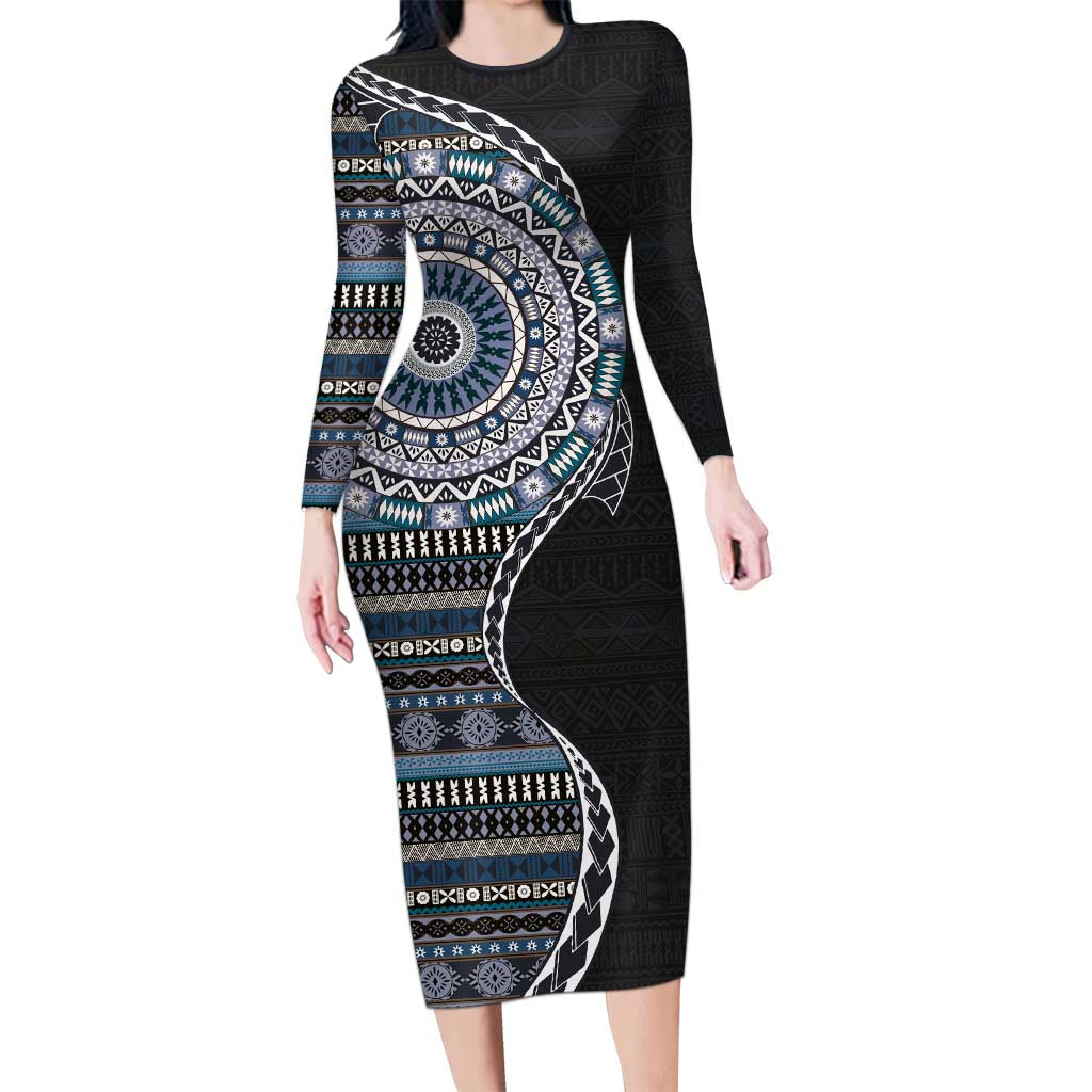 Fijian Masi Tribal Tattoos Art Pattern Long Sleeve Bodycon Dress Navy Color Half Style - Polynesian Pride