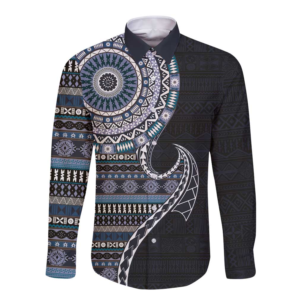 Fijian Masi Tribal Tattoos Art Pattern Long Sleeve Button Shirt Navy Color Half Style - Polynesian Pride