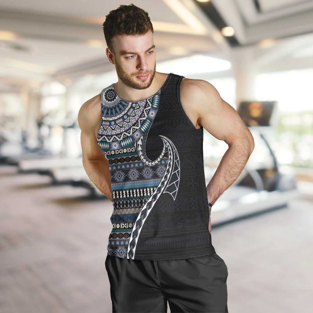Fijian Masi Tribal Tattoos Art Pattern Men Tank Top Navy Color Half Style - Polynesian Pride