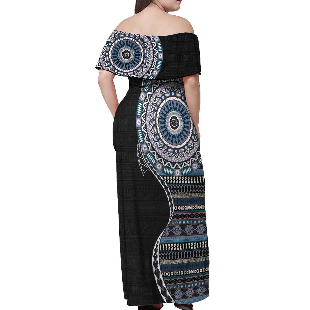 Fijian Masi Tribal Tattoos Art Pattern Off Shoulder Maxi Dress Navy Color Half Style - Polynesian Pride