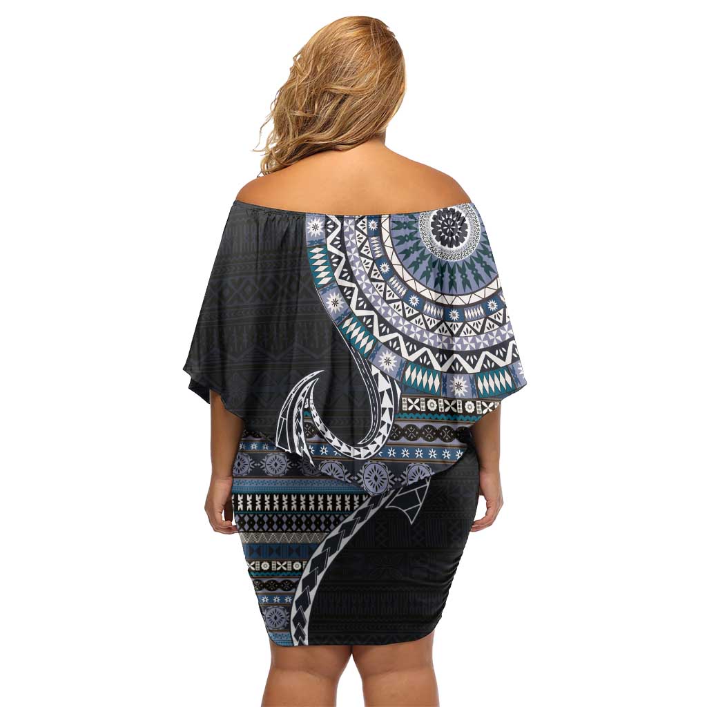 Fijian Masi Tribal Tattoos Art Pattern Off Shoulder Short Dress Navy Color Half Style - Polynesian Pride