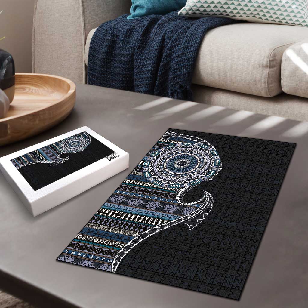 Fijian Masi Tribal Tattoos Art Pattern Puzzle Navy Color Half Style - Polynesian Pride