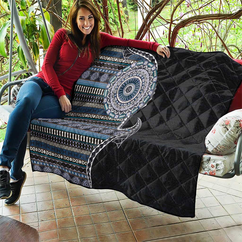 Fijian Masi Tribal Tattoos Art Pattern Quilt Navy Color Half Style - Polynesian Pride