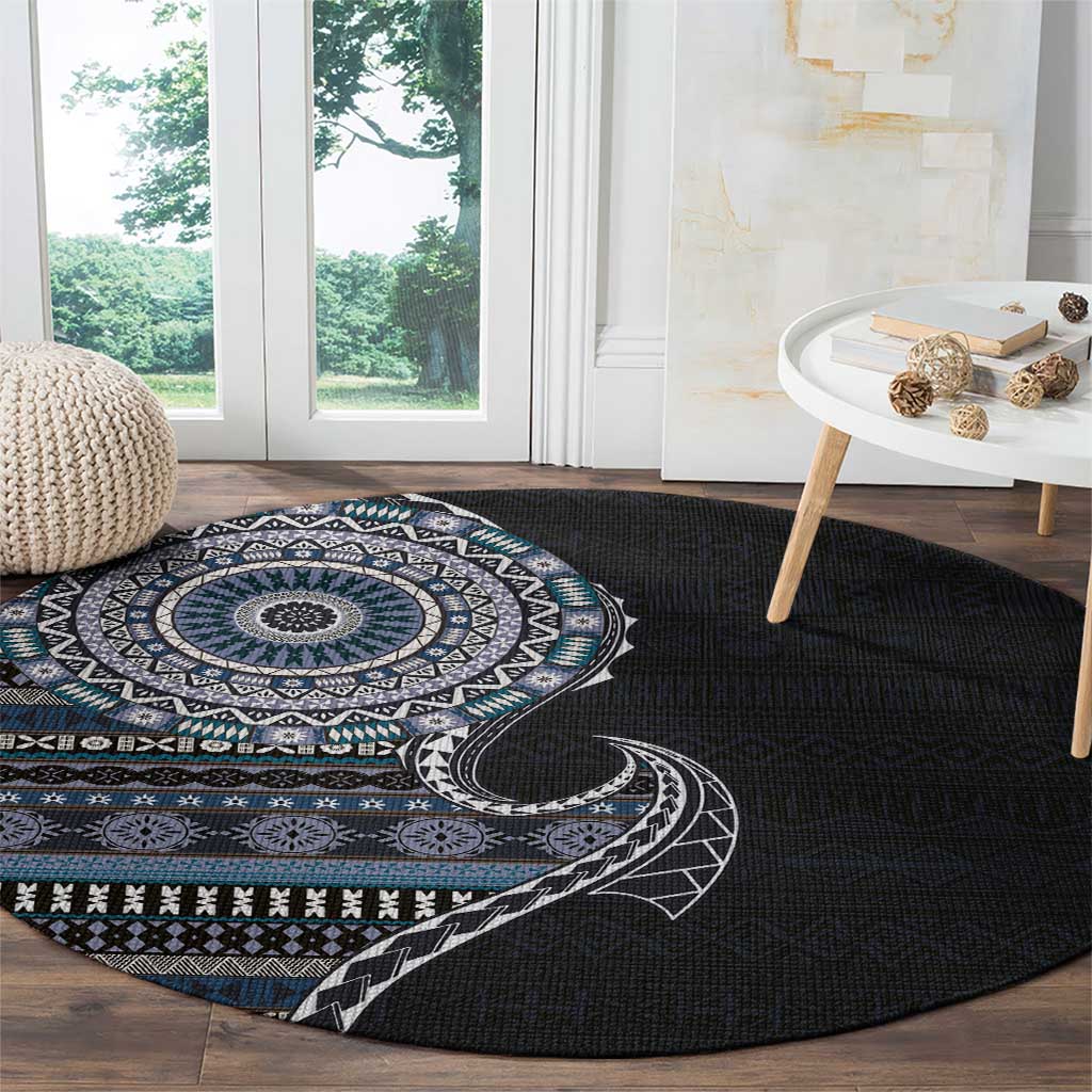 Fijian Masi Tribal Tattoos Art Pattern Round Carpet Navy Color Half Style - Polynesian Pride