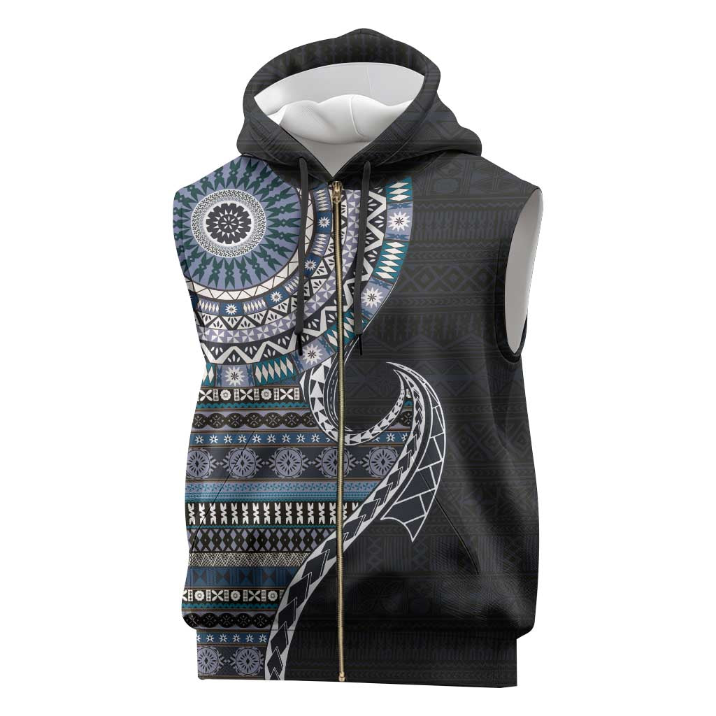 Fijian Masi Tribal Tattoos Art Pattern Sleeveless Zip Hoodie Navy Color Half Style - Polynesian Pride