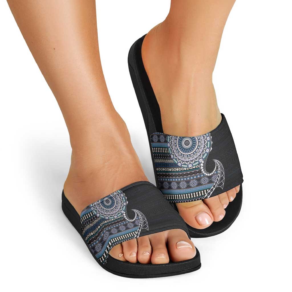 Fijian Masi Tribal Tattoos Art Pattern Slide Sandals Navy Color Half Style - Polynesian Pride