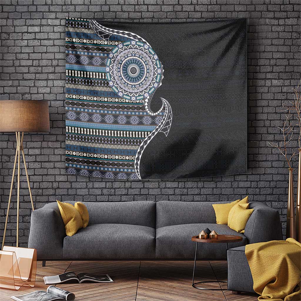 Fijian Masi Tribal Tattoos Art Pattern Tapestry Navy Color Half Style - Polynesian Pride