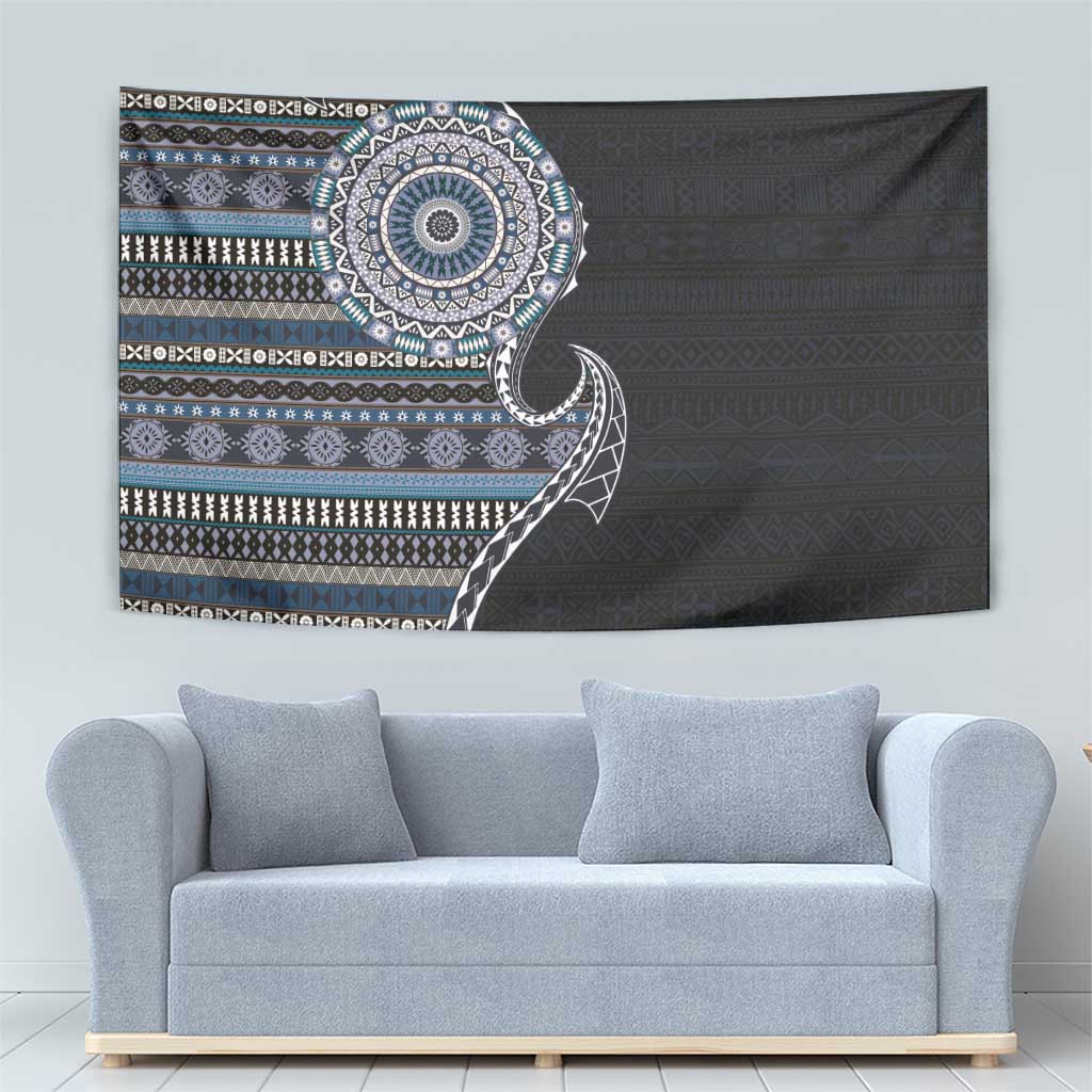 Fijian Masi Tribal Tattoos Art Pattern Tapestry Navy Color Half Style - Polynesian Pride