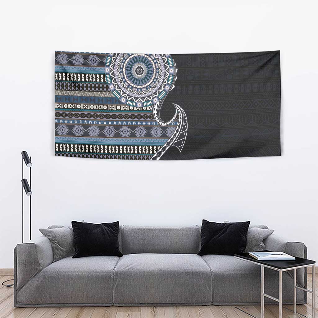 Fijian Masi Tribal Tattoos Art Pattern Tapestry Navy Color Half Style - Polynesian Pride