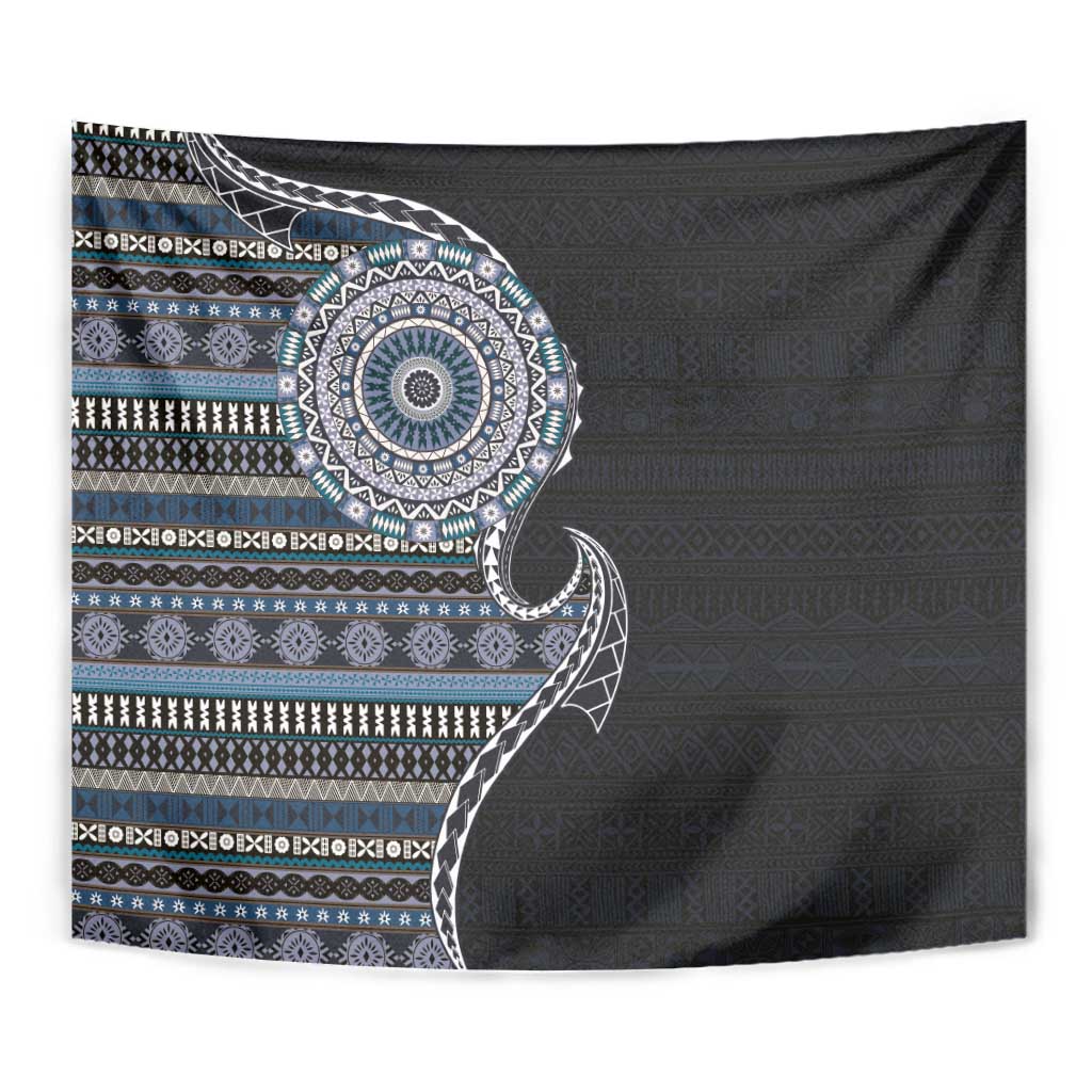 Fijian Masi Tribal Tattoos Art Pattern Tapestry Navy Color Half Style - Polynesian Pride