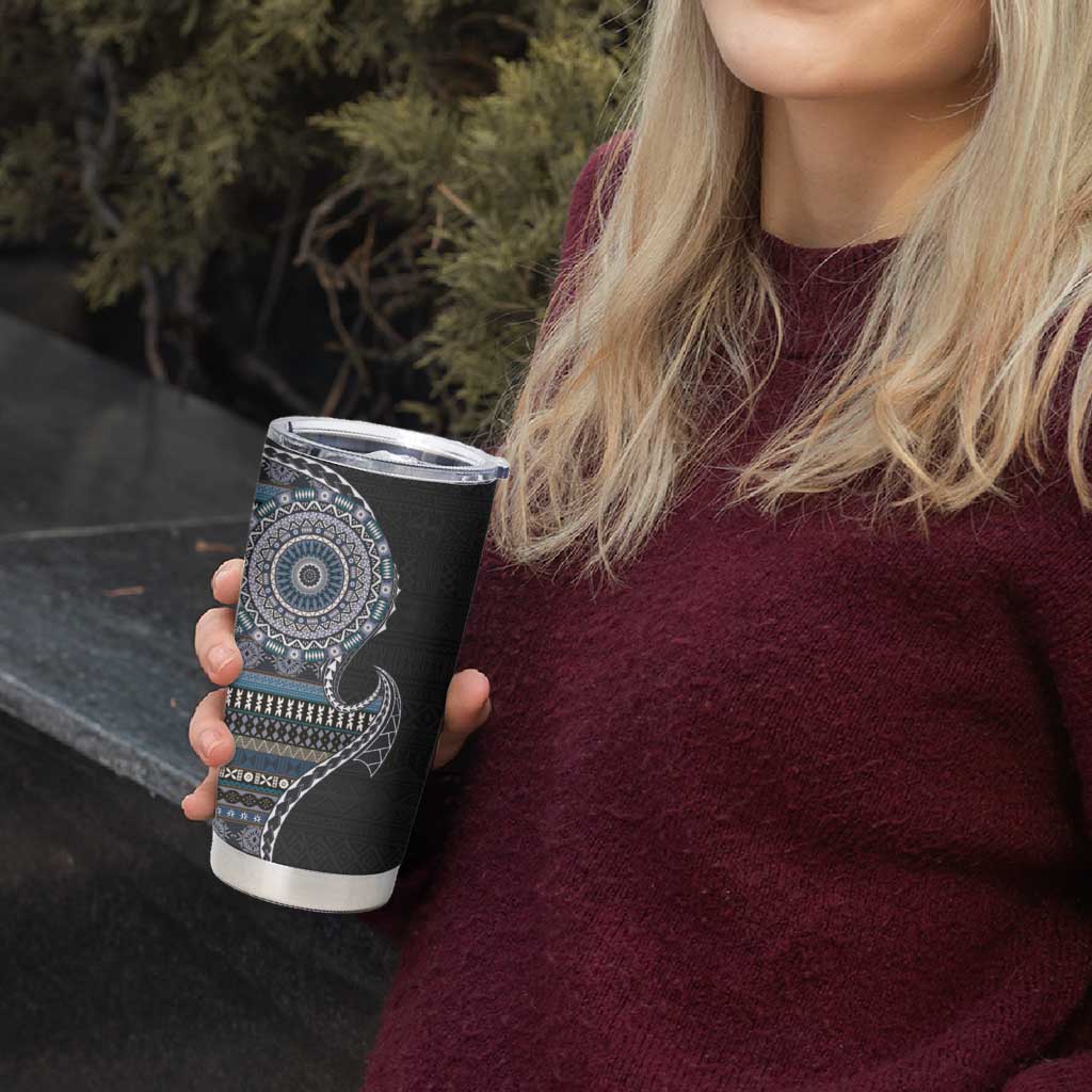 Fijian Masi Tribal Tattoos Art Pattern Tumbler Cup Navy Color Half Style - Polynesian Pride