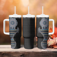 Fijian Masi Tribal Tattoos Art Pattern Tumbler With Handle Navy Color Half Style - Polynesian Pride