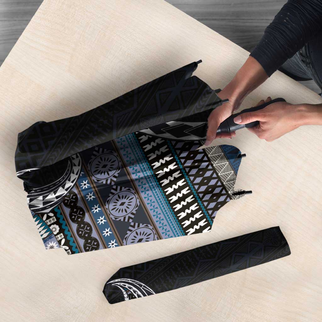 Fijian Masi Tribal Tattoos Art Pattern Umbrella Navy Color Half Style - Polynesian Pride