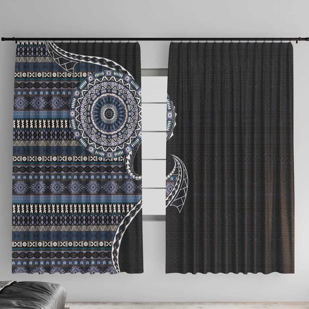 Fijian Masi Tribal Tattoos Art Pattern Window Curtain Navy Color Half Style - Polynesian Pride
