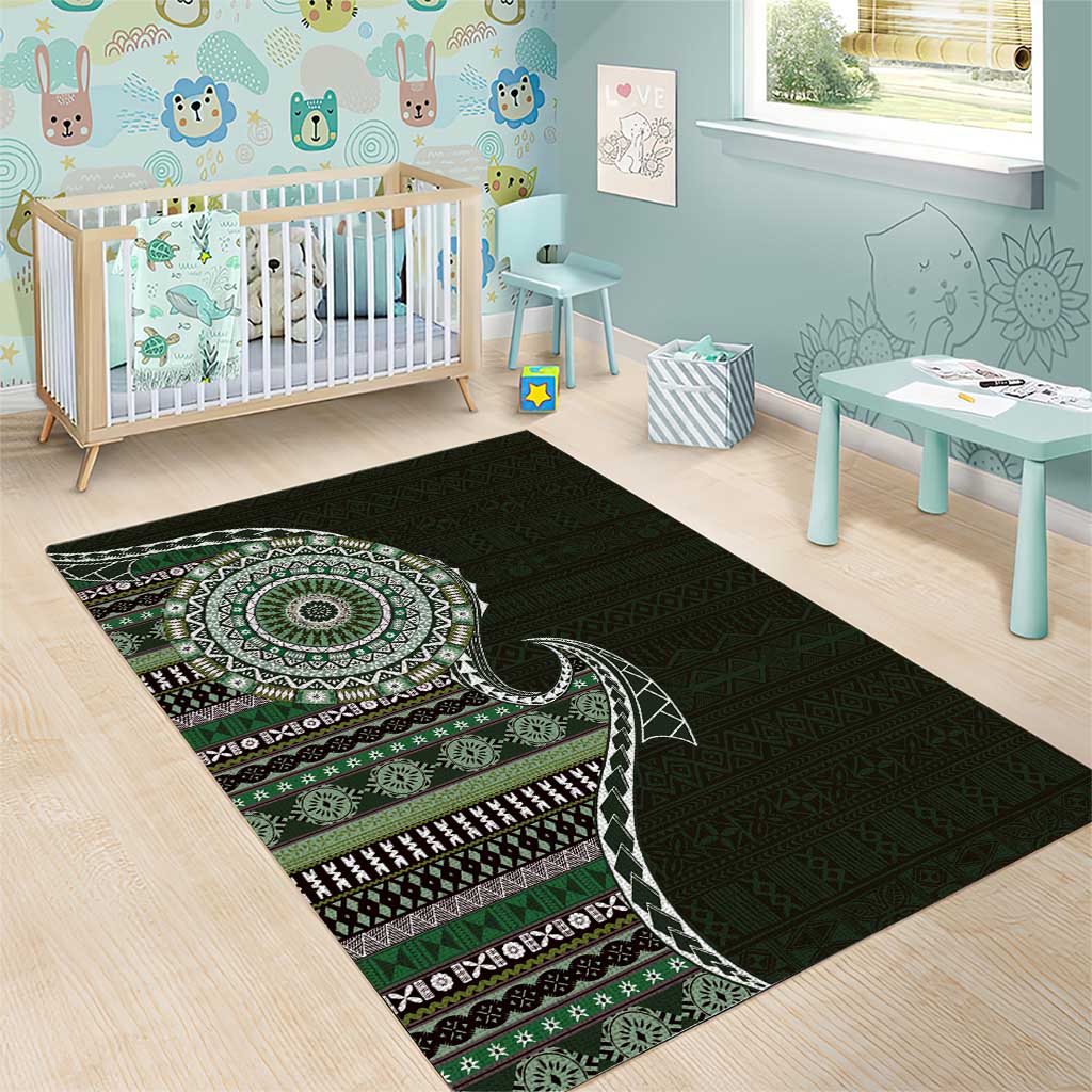 Fijian Masi Tribal Tattoos Art Pattern Area Rug Green Color Half Style - Polynesian Pride